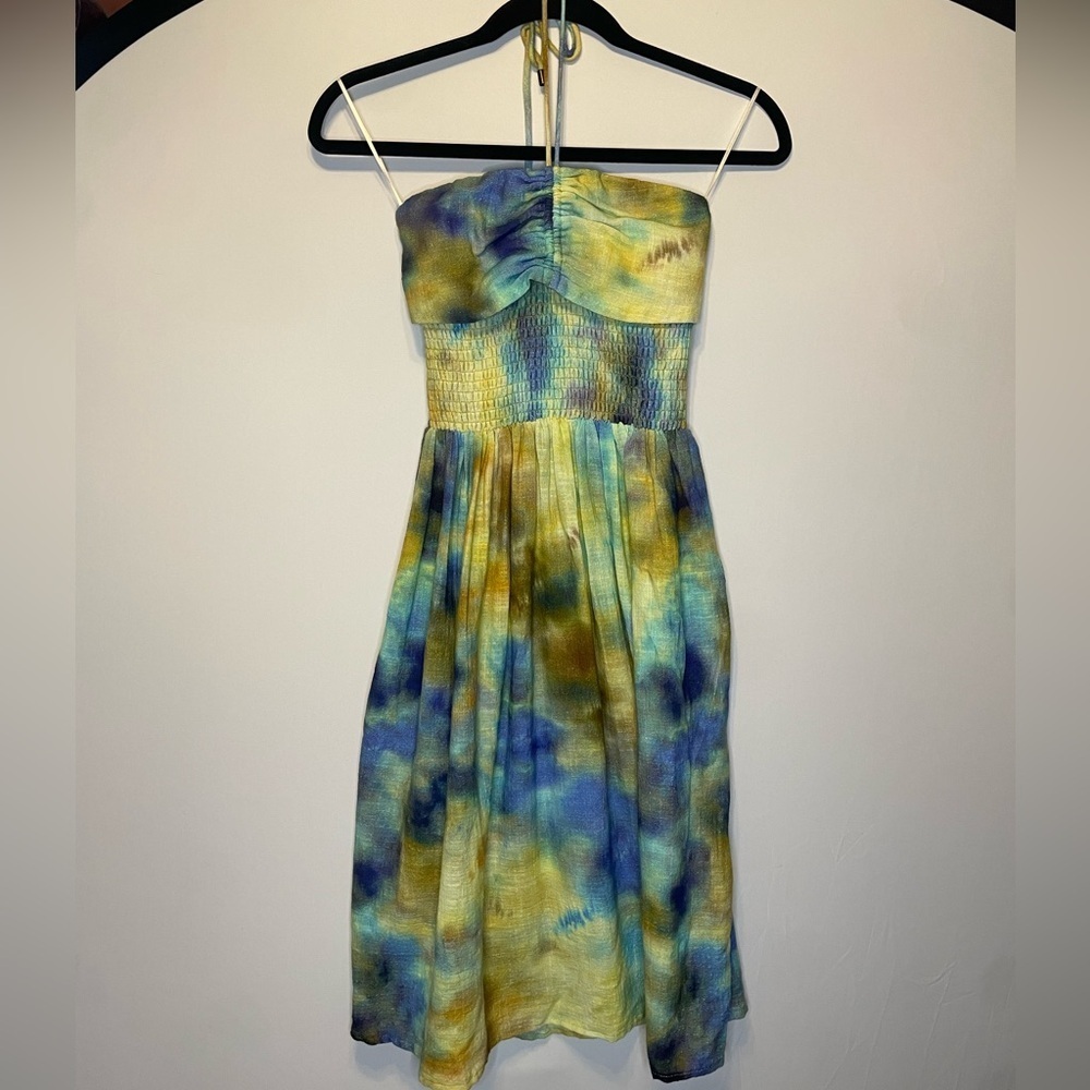 Hunter Bell New York blue Tie Dye Cotton tucked halter neck mini dress XS $325.